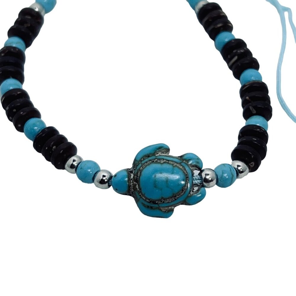 Brown Bead And Blue Faux Turquois Turtle Adjustable Ankle Bracelet (5497) - Picture 3 of 6